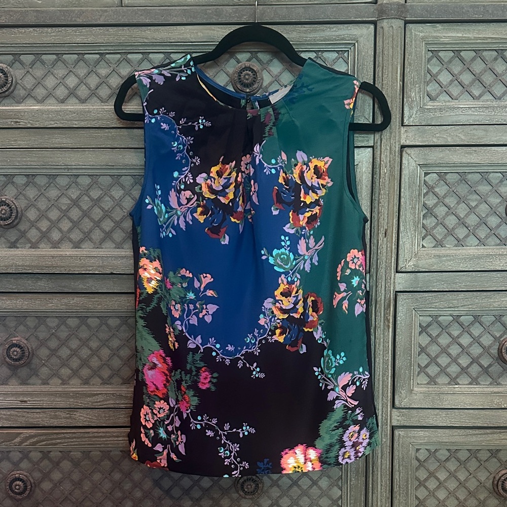 Anthropologie Floral Colorblock Sleeveless Top - Teal, Navy & Black